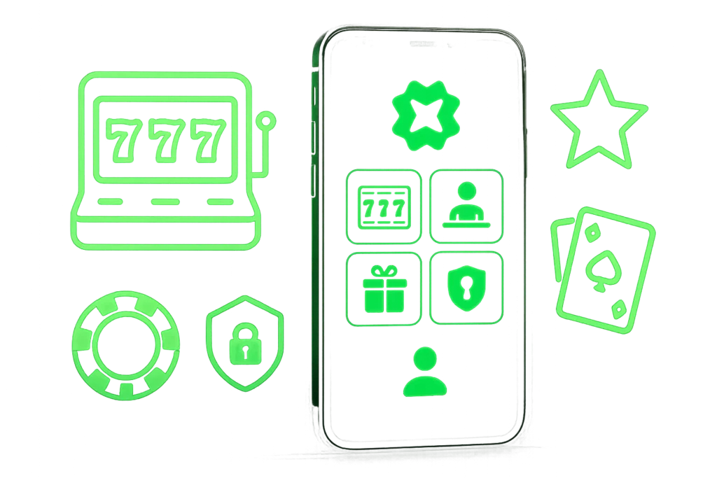 A smartphone with icons representing slots, live casino, bonuses, and secure payments — highlighting the key features of the Lucky Star Casino app.
