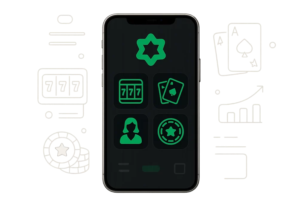 A smartphone showing the Lucky Star app home screen with icons for games and bonuses, representing an all-in-one mobile casino platform.