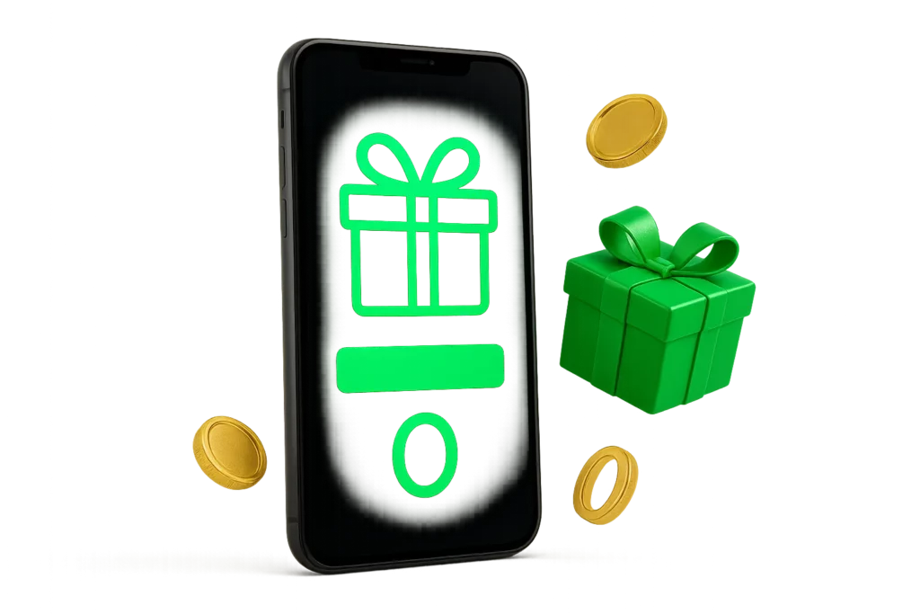 A smartphone displaying a no deposit bonus claim screen with icons like a gift, coins, and a zero symbol — representing real casino rewards without risk at Lucky Star.