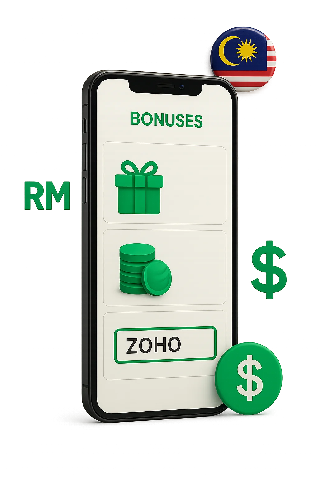 A smartphone showing different bonus elements like a gift, coin stack, and promo code field with “ZOHO”, alongside a Malaysia symbol — representing Lucky Star bonuses available in Malaysia.