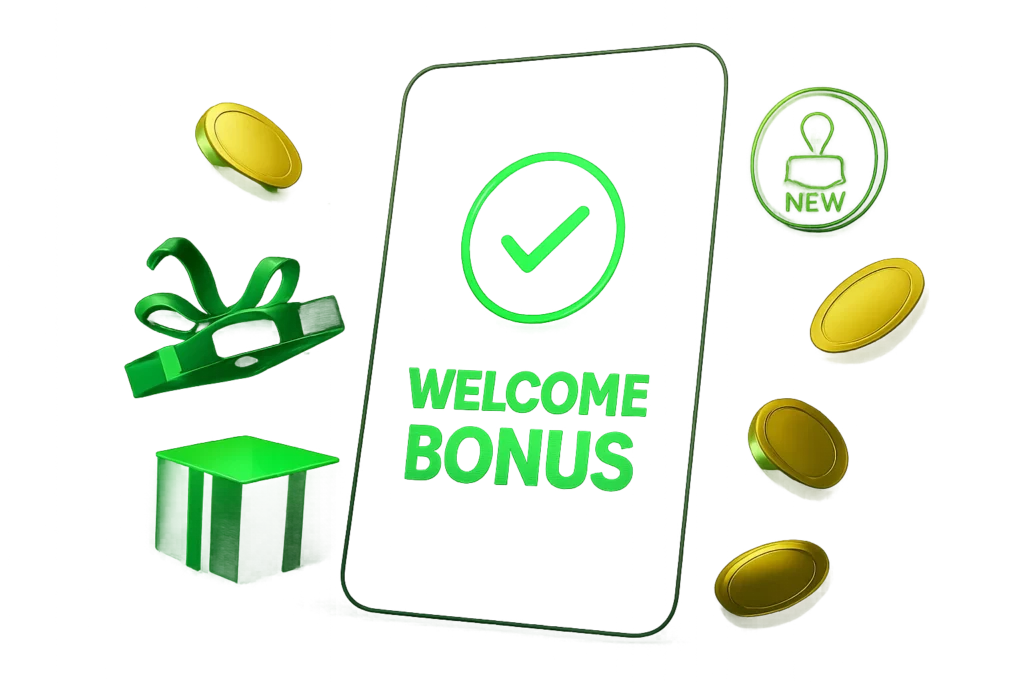 A smartphone showing a successful sign-up screen with bonus icons like coins and gift boxes, symbolizing the Lucky Star Casino sign-up bonus for new players.