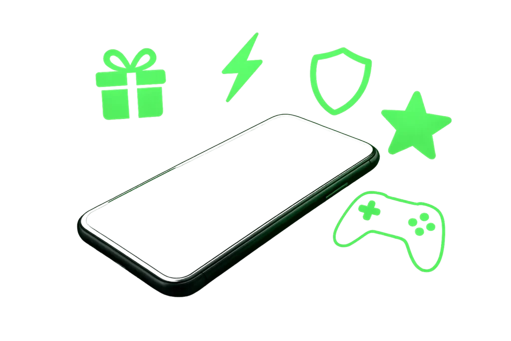 A smartphone surrounded by icons symbolizing bonuses, fast performance, security, VIP perks, and game access — illustrating the benefits of using the Lucky Star Casino app.