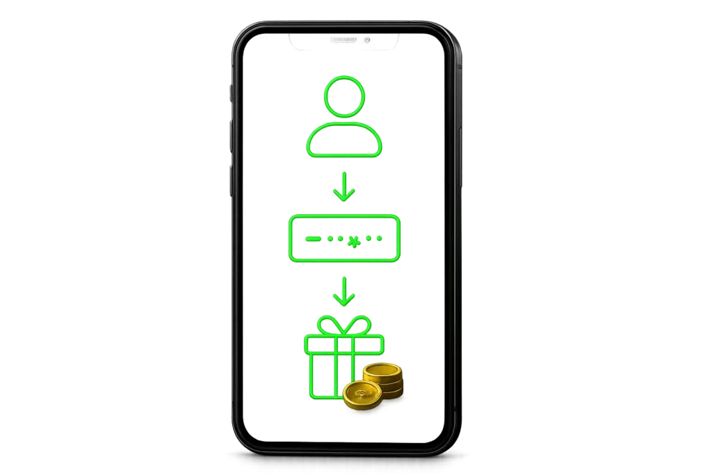 A smartphone displaying a three-step process: registration, entering a promo code, and claiming a bonus — visually guiding users through bonus activation at Lucky Star Casino Online.