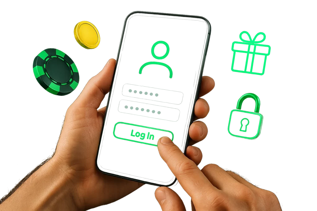 A hand interacting with a smartphone login screen surrounded by casino icons like chips and a lock, symbolizing safe login, free play, and no deposit bonuses at Lucky Star 777 in Malaysia.