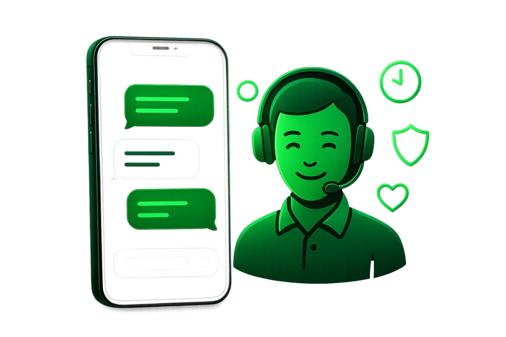 A support agent icon with a headset beside a live chat screen on a device, symbolizing friendly and reliable customer support at online casinos.