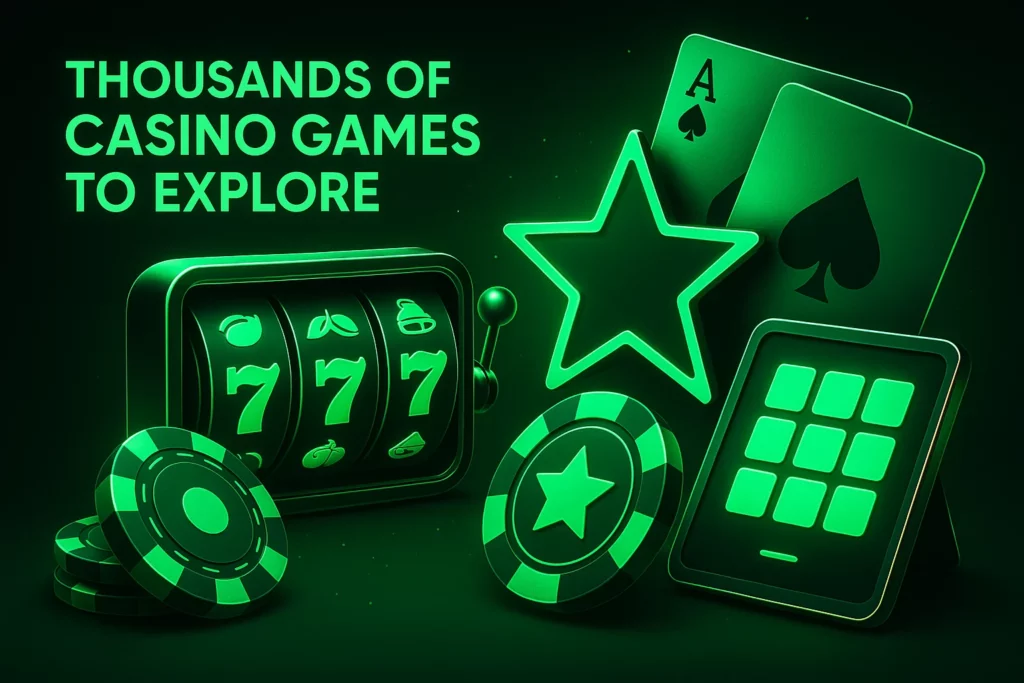 A glowing futuristic casino hall with thousands of slot machines and neon green lights, representing the vast variety of games at Lucky Star Casino. Minimalist and photorealistic with a luxurious ambiance.