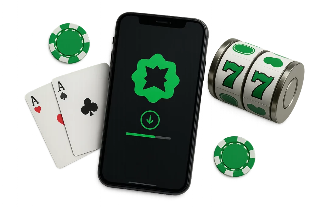 A smartphone displaying the installation screen of a casino app, with floating game elements like cards and chips — representing the Lucky Star Casino app download and mobile casino experience.