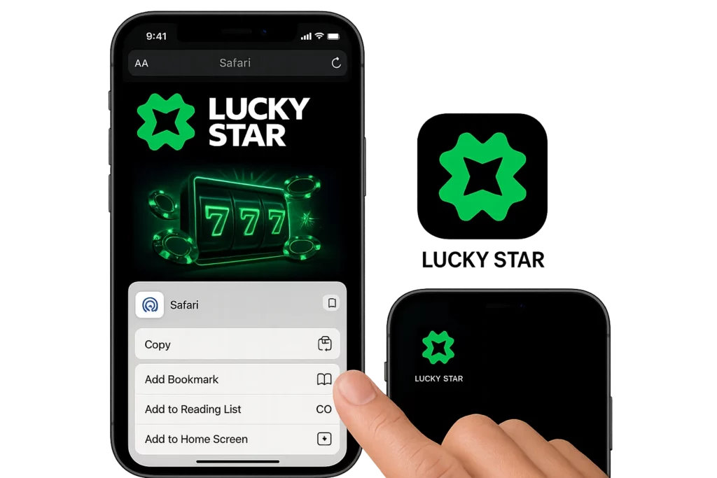 An iPhone showing the process of adding a mobile casino website to the home screen using Safari’s “Add to Home Screen” feature — representing the Lucky Star app shortcut on iOS.
