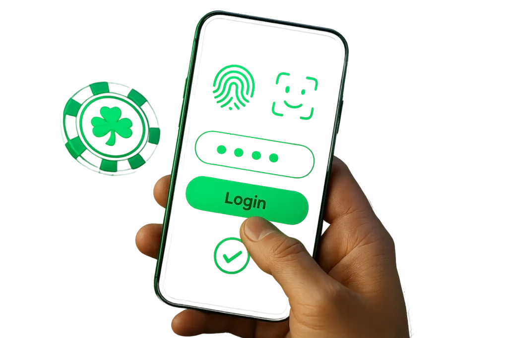 A hand logging into an online casino account on a smartphone, with icons like fingerprint or checkmark indicating a quick and secure return for existing players.
