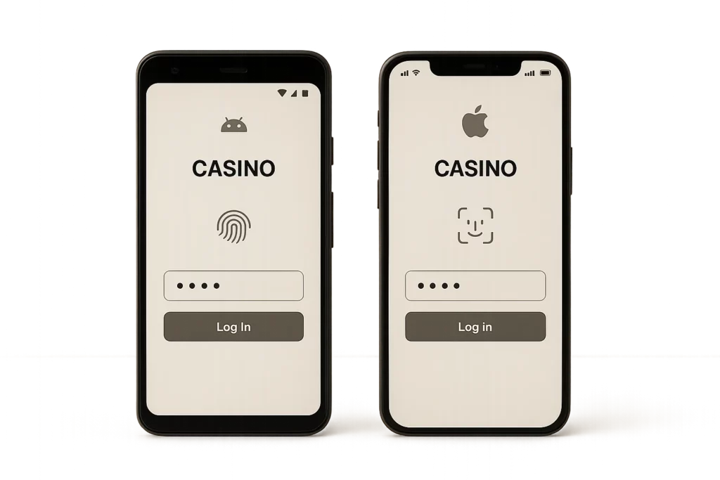 Two smartphones side by side showing casino login options like fingerprint and Face ID, representing mobile Lucky Star login for Android and iOS users.