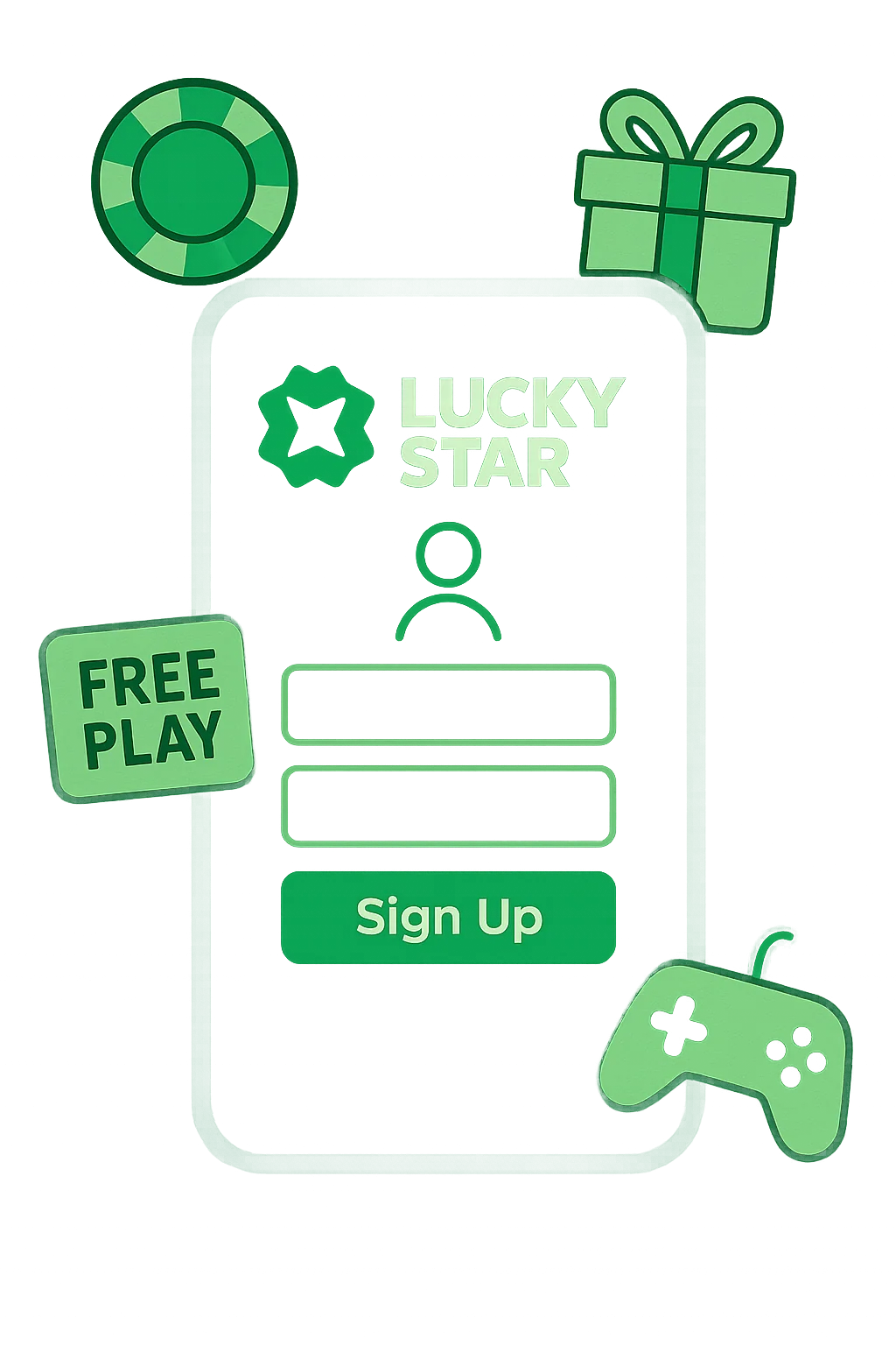 A smartphone displaying a casino registration form with surrounding icons like chips and gifts, symbolizing the Lucky Star login and free play guide for Malaysian users.