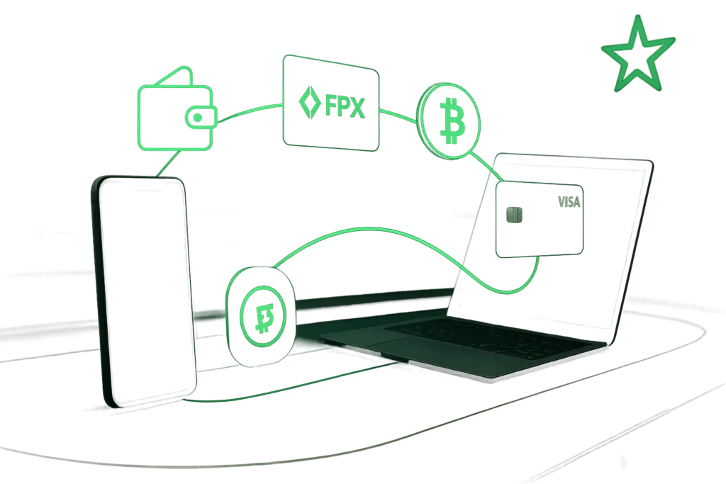 A futuristic neon-themed scene showing fast digital money transfers between cards, e-wallets, and crypto symbols, representing fast deposits and withdrawals at Lucky Star Casino Malaysia.