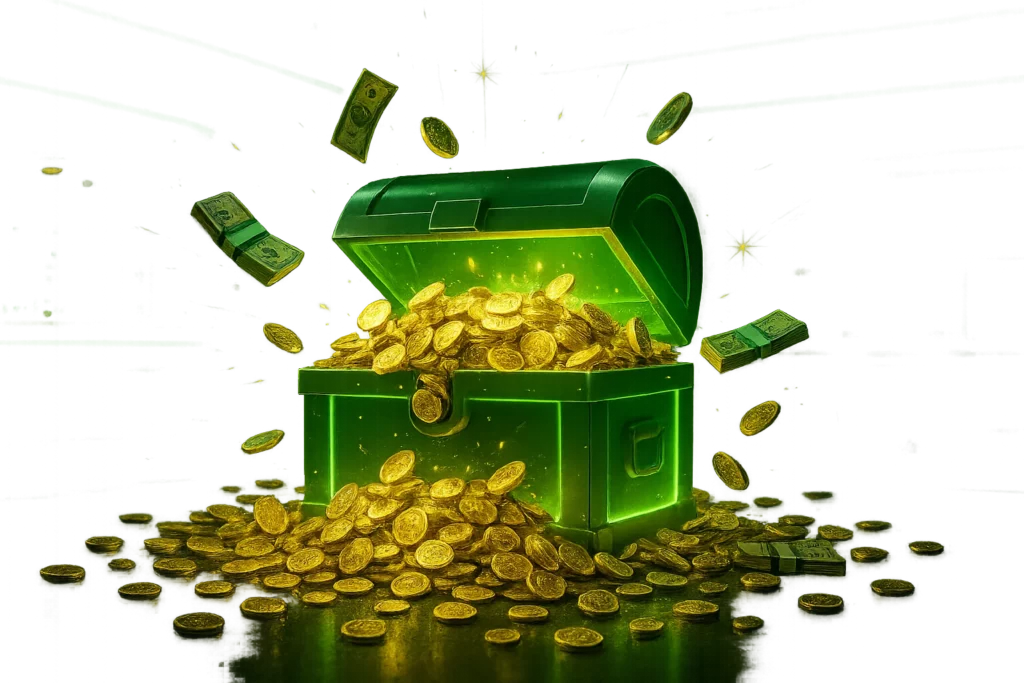 A glowing green treasure chest bursting with gold coins and cash inside a luxurious neon-lit casino, symbolizing big bonuses at Lucky Star Casino. Promo Code Zoho