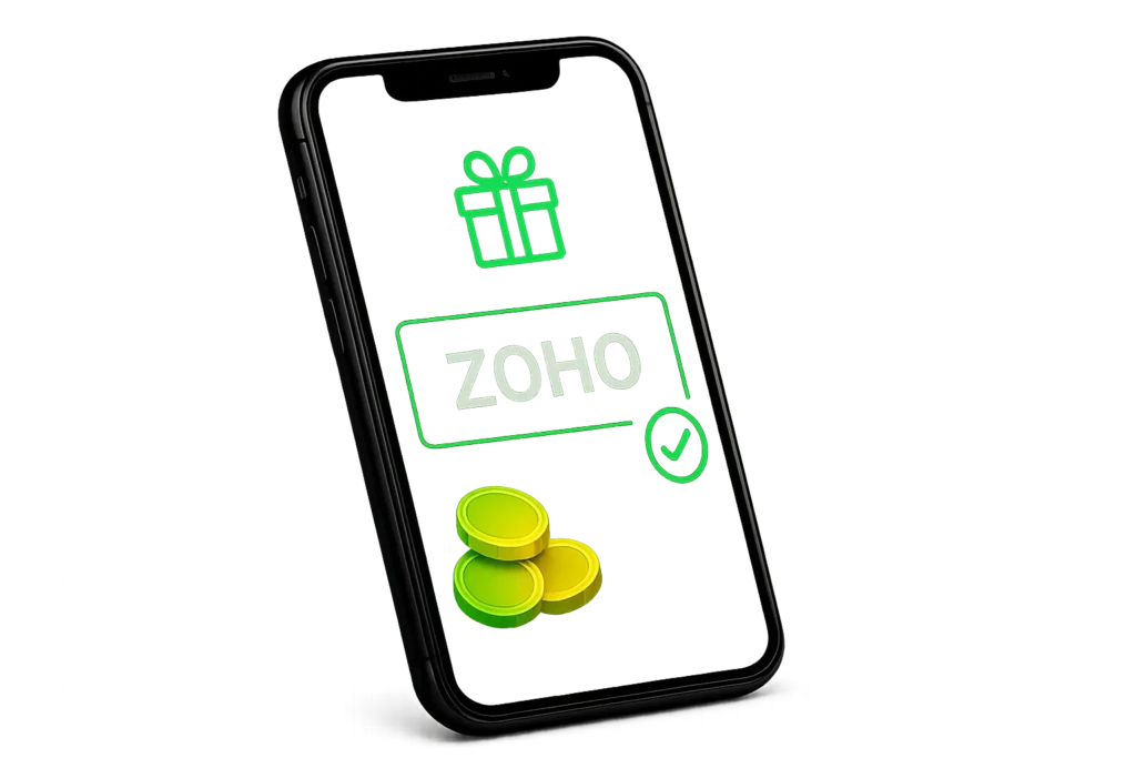 A smartphone showing a promo code field with “ZOHO” entered, surrounded by bonus icons like coins and a gift — representing how to find and use Lucky Star bonus codes.