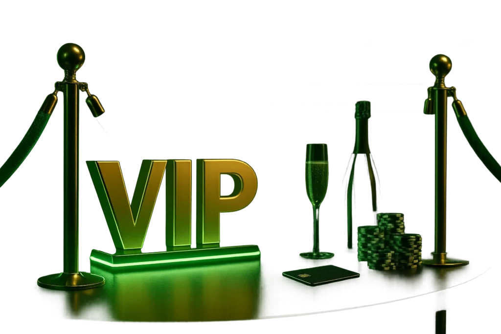 A luxurious VIP lounge entrance with neon green lights, gold accents, and elite casino symbols like chips, champagne, and a black loyalty card — representing VIP perks at Lucky Star Casino.