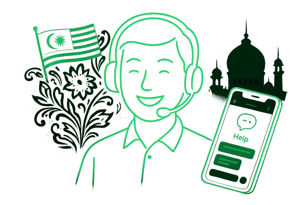 A friendly support agent icon with Malaysian cultural elements and a device showing a help screen — representing localized customer support for Malaysian players at Lucky Star Casino.